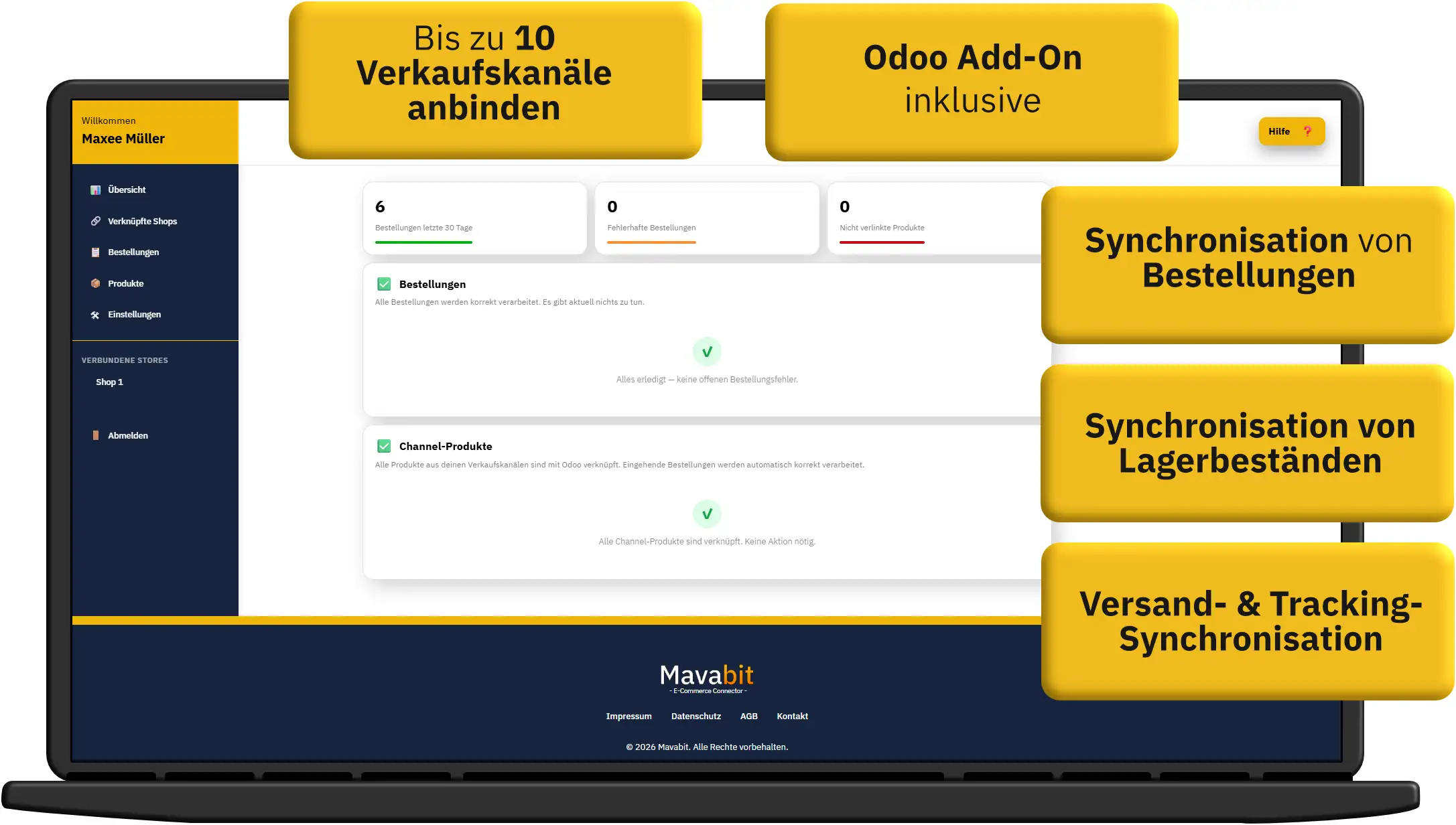 Mavabit Odoo Add‑on Übersicht: Synchronisation von Bestellungen, Beständen und Versanddaten.