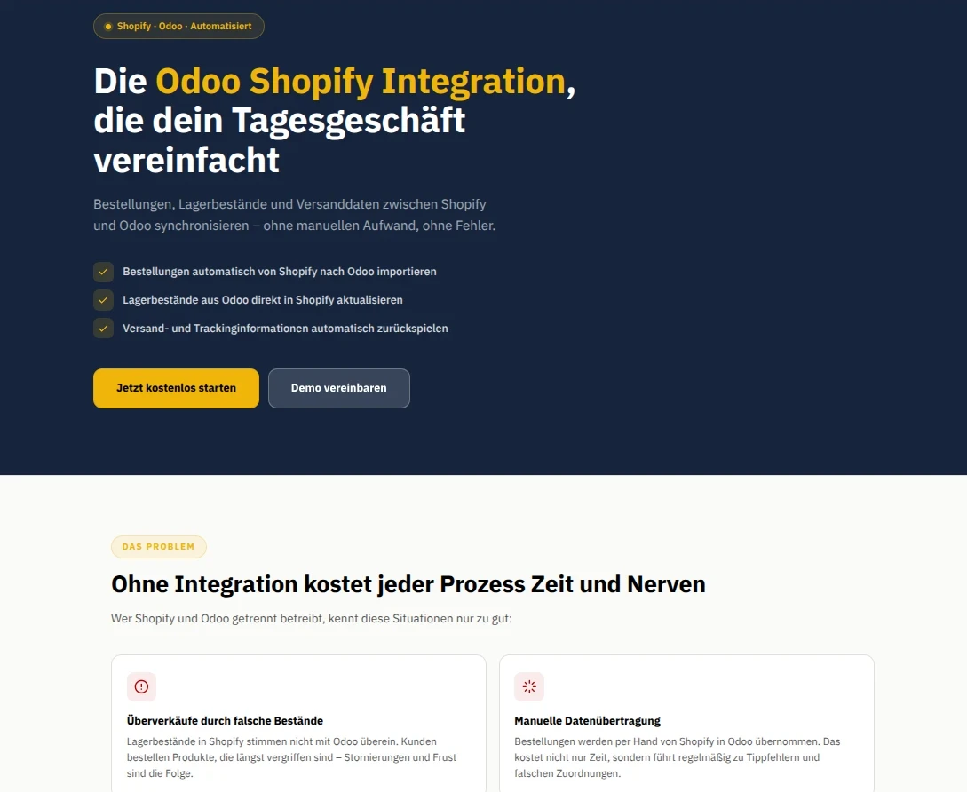 Landingpage Odoo Shopify um zu Erklären wie die Synchronisation von Bestellungen, Beständen und Versanddaten.