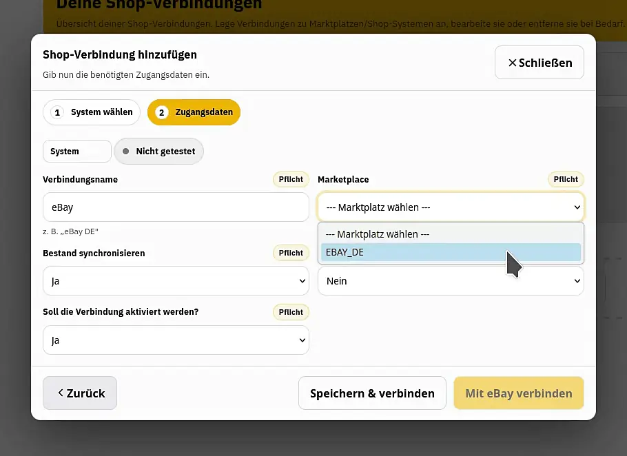 Ein Screenshot von den Einstellungsmöglichkeiten, für die eBay Schnittstelle