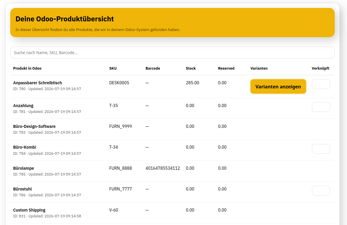 Odoo-Produktübersicht mit Artikeln, Lagerbestand und Produktkategorien